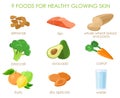 Nine foods for healthy skin. Vector