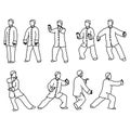 Nine forms of Tai-chi. Men wear traditional chinese cloths vector illustration sketch hand drawn with black lines, isolated on Royalty Free Stock Photo