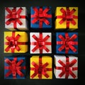 Nine four-color gift boxes tied with red ribbons on black background. Royalty Free Stock Photo