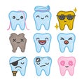 Nine funny cartoon kawaii teeth vector isolated set