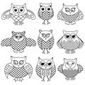 Nine funny cartoon owl outlines