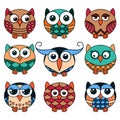 Nine funny owls in oval shapes