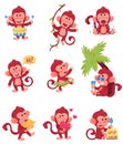 Nine Funny Red Monkeys In Different Actions And Expressions Vector Illustration Set Chartoon Caracter