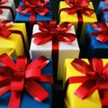 Nine gift boxes tied with red ribbons on black background. Royalty Free Stock Photo