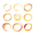 Nine golden hand drawn scribble circles isolated on white