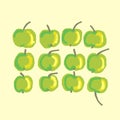 Nine green apples on a yellow background