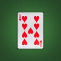 Nine of Hearts on a green poker background. Gamble. Playing cards