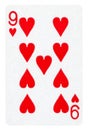 Nine of Hearts playing card - isolated on white Royalty Free Stock Photo