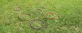 Nine 9 hula hoops on a green grass