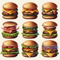 Nine icons of hamburguers in white background and Isolated.