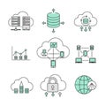 Nine icons illustrating cloud computing and data management themes Royalty Free Stock Photo
