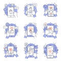 Nine illustrations featuring hands interacting with smartphones, each representing Royalty Free Stock Photo