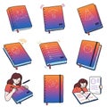 Nine illustrations of gradient-colored notebooks with distinctive Royalty Free Stock Photo