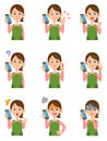 Nine kinds of gestures and facial expressions of a housewife wearing an apron talking on a mobile phone
