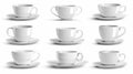 Nine empty white coffee cups on a white background