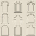 Nine minimalist arch designs arranged in a three-by-three grid. Each design features Royalty Free Stock Photo