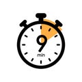 nine minutes stopwatch icon, timer symbol, cooking time, cosmetic or chemical application time, 9 min waiting time