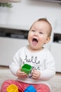 Nine months old baby girl playing with her toys Royalty Free Stock Photo