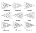 Nine pieces of hot delicious tasty pizza in line style