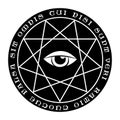 Nine-pointed star with text and an all seeing eye in the middle, black and white vector emblem