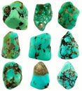 Nine polished rough turquoise stones isolated on white background Royalty Free Stock Photo