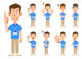 Nine poses and facial expressions of male staff wearing short-sleeved polo shirts and name tags 1