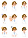 Nine poses and gestures for the upper body of a woman wearing a white coat