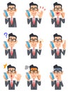 Nine poses of a man wearing glasses and a suit talking on a mobile phone
