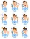 Nine poses of a man wearing an ID card and a light blue shirt talking on a mobile phone