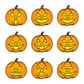 Nine Pumpkin Emoticons with Yellow Eye for Happy Halloween Party