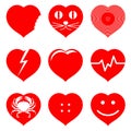 Nine red hearts Set. Bitten heart, Broken heart, Heart attack, Button heart, Smiley heart, Heart with a cat face, Heart