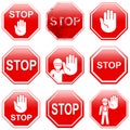 Nine red stop signs