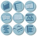 Nine round blue icons of books, bookshelves, pages and glasses isolated