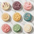 Nine round decorative soaps displayed on a marble surface. Each soap features Royalty Free Stock Photo