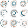 Nine spiral infographics feature concentric circles, radiating lines, and color-coded Royalty Free Stock Photo