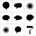 Nine square grid featuring black silhouettes of speech bubbles sunbursts and a paint roller tool Royalty Free Stock Photo