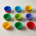Nine stacks of colorful silicone cupcake liners are arranged on a light surface Royalty Free Stock Photo