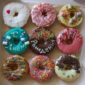 Nine sweet delicious donuts with colorful glaze and the inscription `Happy Birthday Royalty Free Stock Photo