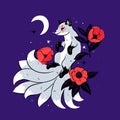 Nine-tailed fox and camellia flowers on a purple background. Vector graphics Royalty Free Stock Photo