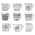 Nine tea cups line art design for coloring book for anti stress, menu design element or other decorations