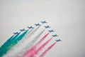 Military aircraft drawing Italian flag in the sky Royalty Free Stock Photo