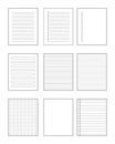 Notebook and Planner Pages. Lined, Grid, To-Do, Graph. Black and White Design. Vector Set.