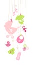 Set Of Nine Hanging Baby Icons Girl Pink And Green Royalty Free Stock Photo