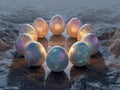 Nine vibrant alien eggs arranged in a circle on a metallic surface, with one central egg illuminated, set against an icy cosmic Royalty Free Stock Photo