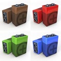 Nine volt battery, shown in copper, red, green and blue finish, set Royalty Free Stock Photo