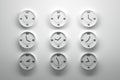 Nine wall clocks with Roman numbers
