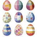 Nine Watercolor Easter Eggs with Unique Colorful Patterns Royalty Free Stock Photo