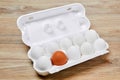 Egg crate with nine white eggs and one brown isolated on a white background Royalty Free Stock Photo