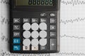 Tablets are on the calculator on background of electrocardiogram