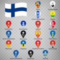 Nineteen flags the Regions of Finland -  alphabetical order with name.  Set of 2d geolocation signs like flags Regions of Finland. Royalty Free Stock Photo